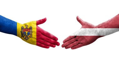 Ellerinde Letonya ve Moldova bayrakları arasında el sıkışma, izole şeffaf görüntü.