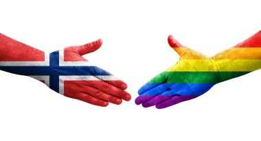 Ellere boyanmış LGBT ve Norveç bayrakları arasındaki el sıkışma, izole şeffaf resim.