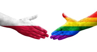 LGBT ve Polonya bayrakları arasındaki el sıkışma, izole edilmiş şeffaf resim.