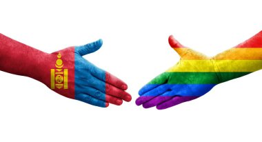 LGBT ve Moğolistan bayrakları arasındaki el sıkışma, izole şeffaf görüntü.