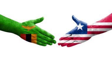 Liberya ve Zambiya bayrakları arasındaki el sıkışma, izole edilmiş şeffaf görüntü.