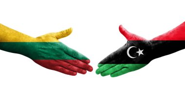 Libya ve Litvanya bayrakları arasındaki el sıkışma, izole edilmiş şeffaf görüntü.