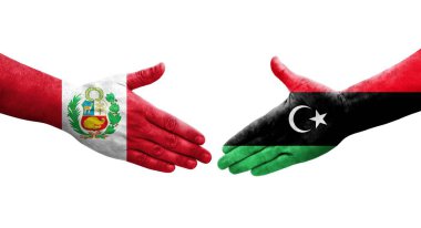 Libya ve Peru bayrakları arasındaki el sıkışma, izole edilmiş şeffaf görüntü.