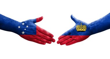 Lihtenştayn ve Samoa bayrakları arasındaki el sıkışma, izole şeffaf görüntü.