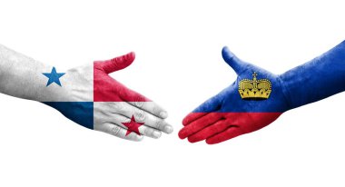 Ellere boyanmış Lihtenştayn ve Panama bayrakları arasındaki el sıkışma, izole şeffaf görüntü.