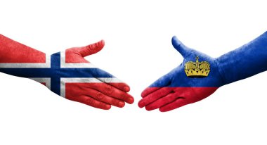 Ellerinde Lihtenştayn ve Norveç bayrakları arasında el sıkışma, izole şeffaf görüntü.