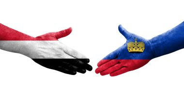 Lihtenştayn ve Yemen bayrakları arasındaki el sıkışma, izole şeffaf görüntü.