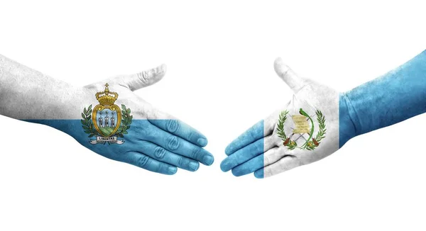 Handshake Guatemala San Marino Flags Painted Hands Isolated Transparent Image — Stock Photo, Image