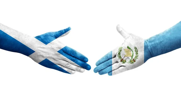 Uścisk Dłoni Między Gwatemalą Szkocją Malowane Rękach Flagi Odizolowany Przezroczysty — Zdjęcie stockowe