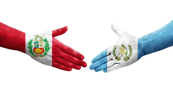 Mano Apretada Entre Las Banderas Guatemala Perú Pintadas Las Manos —  Fotos de Stock