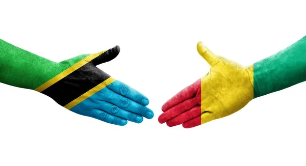 Aperto Mão Entre Guiné Tanzânia Bandeiras Pintadas Mãos Imagem Transparente — Fotografia de Stock