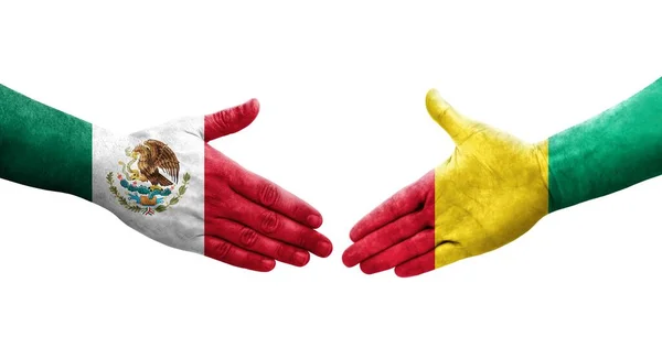 Χειραψία Μεταξύ Γουινέας Και Μεξικού Σημαίες Ζωγραφισμένα Στα Χέρια Απομονωμένη — Φωτογραφία Αρχείου