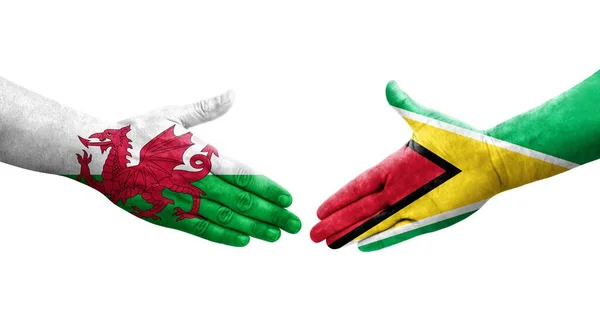 Aperto Mão Entre Guiana Bandeiras País Gales Pintadas Mãos Imagem — Fotografia de Stock