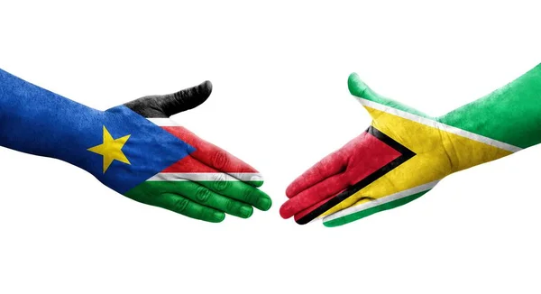 Χειραψία Μεταξύ Γουιάνας Και Νοτίου Σουδάν Σημαίες Ζωγραφισμένες Στα Χέρια — Φωτογραφία Αρχείου
