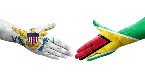 Händedruck Zwischen Flaggen Guyanas Und Der Jungferninseln Auf Hände Gemalt — Stockfoto