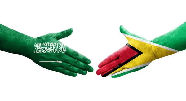 Рукостискання Між Гаяною Саудівською Аравією Прапори Намальовані Руках Ізольований Прозорий — стокове фото