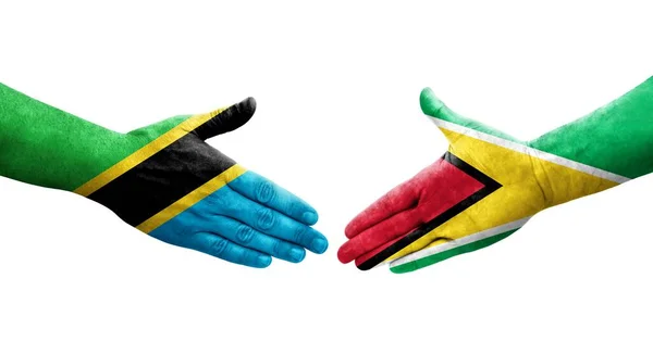 Poignée Main Entre Les Drapeaux Guyana Tanzanie Peints Sur Les — Photo