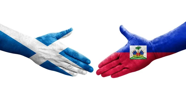 Рукостискання Між Прапорами Гаїті Шотландії Намальоване Руках Ізольоване Прозоре Зображення — стокове фото