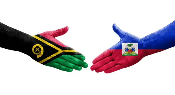 Stretta Mano Tra Haiti Vanuatu Bandiere Dipinte Mani Isolata Immagine — Foto Stock