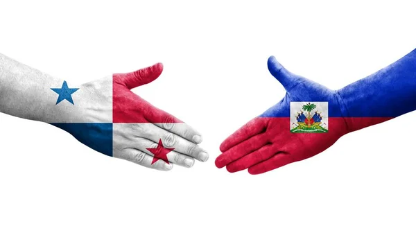 Uścisk Dłoni Między Flagami Haiti Panamy Namalowanymi Dłoniach Odizolowany Przezroczysty — Zdjęcie stockowe