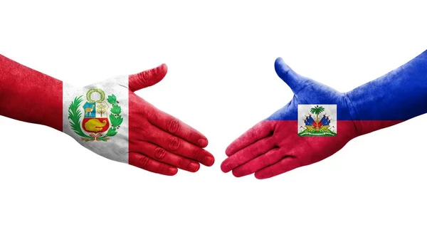 Χειραψία Μεταξύ Της Αϊτής Και Του Περού Σημαίες Ζωγραφισμένα Στα — Φωτογραφία Αρχείου