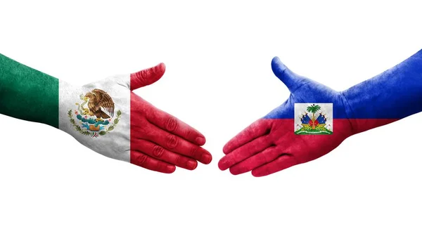 Potřesení Rukou Mezi Vlajkami Haiti Mexika Namalovanými Rukou Izolovaný Průhledný — Stock fotografie