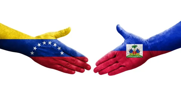 Aperto Mão Entre Haiti Venezuela Bandeiras Pintadas Mãos Imagem Transparente — Fotografia de Stock
