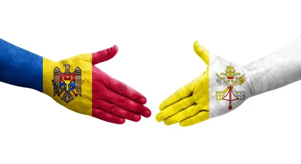 stock image Handshake between Holy See and Moldova flags painted on hands, isolated transparent image.