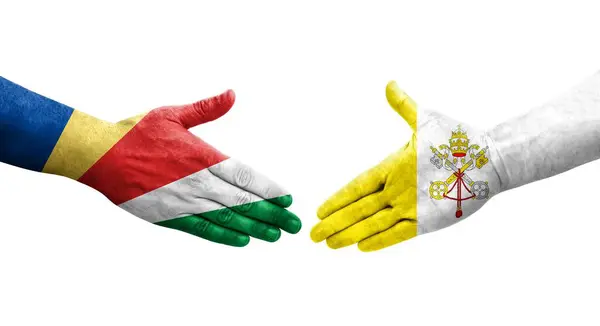 Handdruk Tussen Vlaggen Van Heilige Stoel Seychellen Handen Geschilderd Geïsoleerd — Stockfoto
