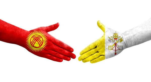 Handdruk Tussen Heilige Stoel Kirgizië Vlaggen Geschilderd Handen Geïsoleerd Transparant — Stockfoto