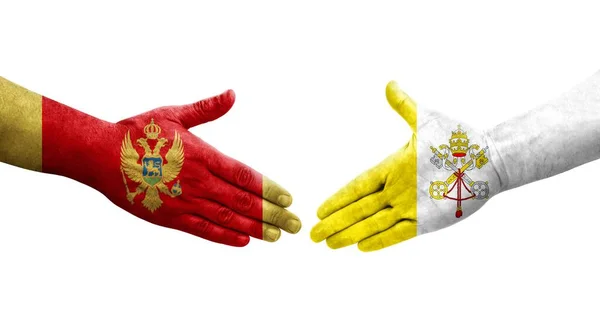 Apretón Manos Entre Santa Sede Montenegro Banderas Pintadas Las Manos — Foto de Stock