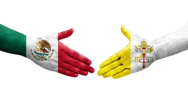 Stretta Mano Tra Santa Sede Messico Bandiere Dipinte Mani Isolata — Foto Stock