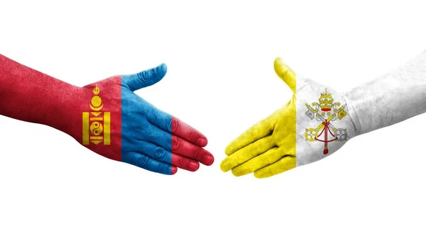Handshake Holy See Mongolia Flags Painted Hands Isolated Transparent Image — Stock Photo, Image