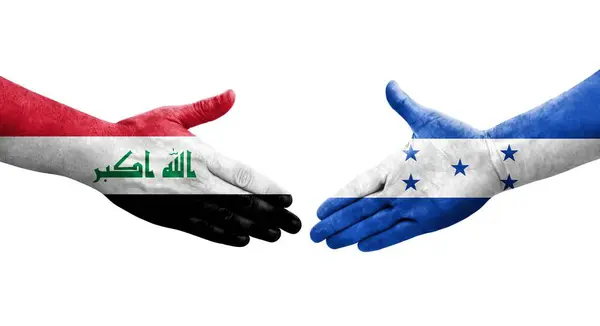 洪都拉斯和伊拉克之间的握手 手绘国旗 孤立透明的形象 — 图库照片