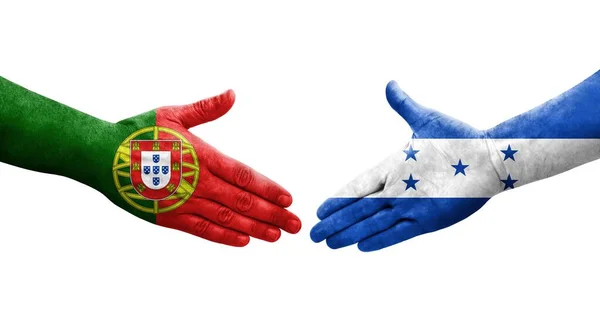 Mano Apretada Entre Banderas Honduras Portugal Pintadas Las Manos Imagen — Foto de Stock