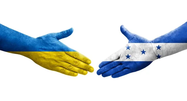 Рукопожатие Между Флагом Гондураса Украины Нарисованное Руках Изолированное Прозрачное Изображение — стоковое фото