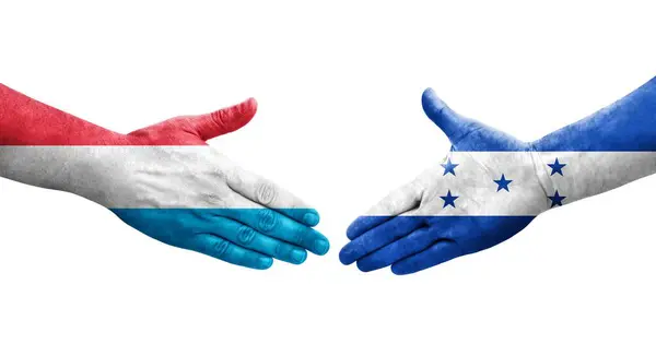 Рукостискання Між Прапорами Гондурасу Люксембургу Намальоване Руках Ізольоване Прозоре Зображення — стокове фото