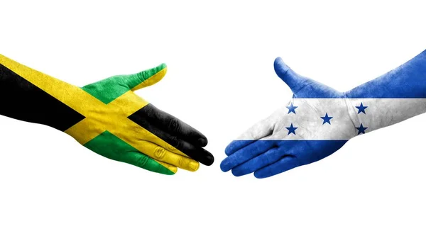 Рукопожатие Между Флагом Гондураса Ямайки Нарисованное Руках Изолированное Прозрачное Изображение — стоковое фото