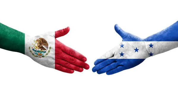 Potřesení Rukou Mezi Vlajkami Hondurasu Mexika Namalovanými Rukou Izolovaný Průhledný — Stock fotografie