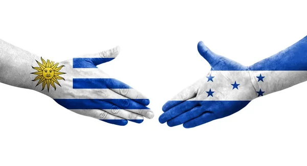 Рукопожатие Между Флагом Гондураса Уругвая Нарисованное Руках Изолированное Прозрачное Изображение — стоковое фото
