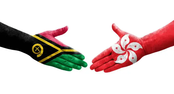 Handshake Entre Hong Kong Vanuatu Bandeiras Pintadas Mãos Imagem Transparente — Fotografia de Stock