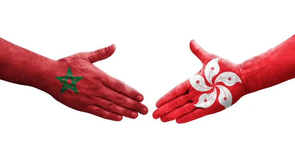 Apretón Manos Entre Las Banderas Hong Kong Marruecos Pintadas Las — Foto de Stock