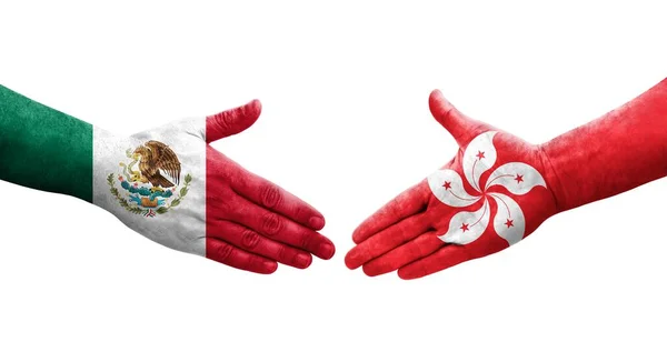 Рукостискання Між Прапорами Гонконгу Мексики Намальоване Руках Ізольоване Прозоре Зображення — стокове фото