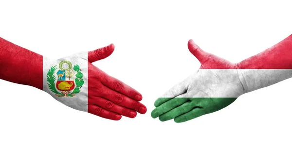 Рукостискання Між Прапорами Угорщини Перу Намальоване Руках Ізольоване Прозоре Зображення — стокове фото