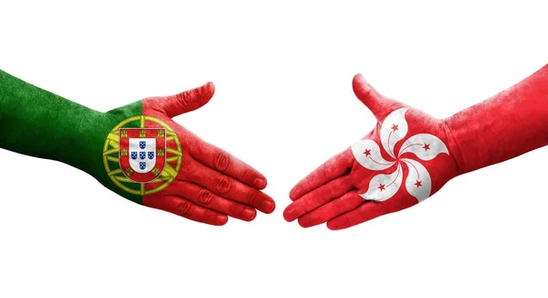 Handslag Mellan Hongkong Och Portugal Flaggor Målade Händer Isolerad Transparent — Stockfoto
