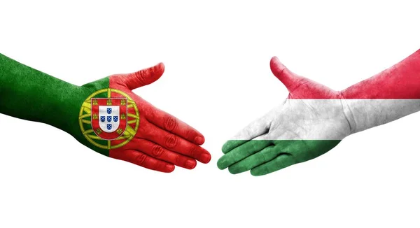 Mano Apretada Entre Las Banderas Hungría Portugal Pintadas Las Manos — Foto de Stock