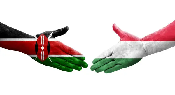 Poignée Main Entre Hongrie Kenya Drapeaux Peints Sur Les Mains — Photo
