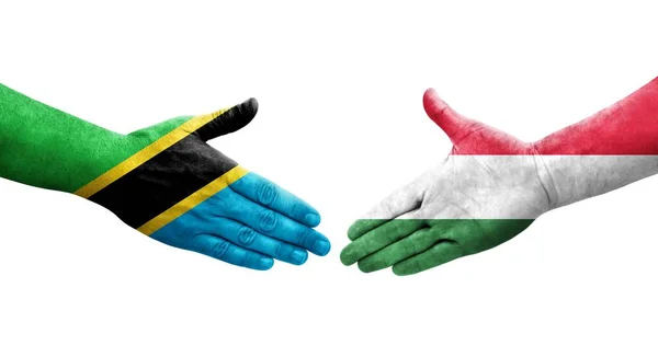Aperto Mão Entre Hungria Tanzânia Bandeiras Pintadas Mãos Imagem Transparente — Fotografia de Stock