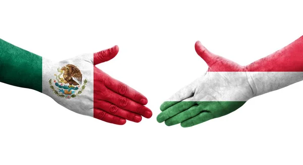 Uścisk Dłoni Między Węgrami Meksykiem Flagi Malowane Rękach Odizolowany Przezroczysty — Zdjęcie stockowe