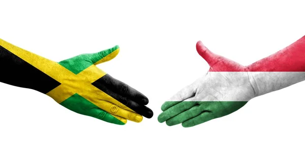Apretón Manos Entre Las Banderas Hungría Jamaica Pintadas Las Manos —  Fotos de Stock